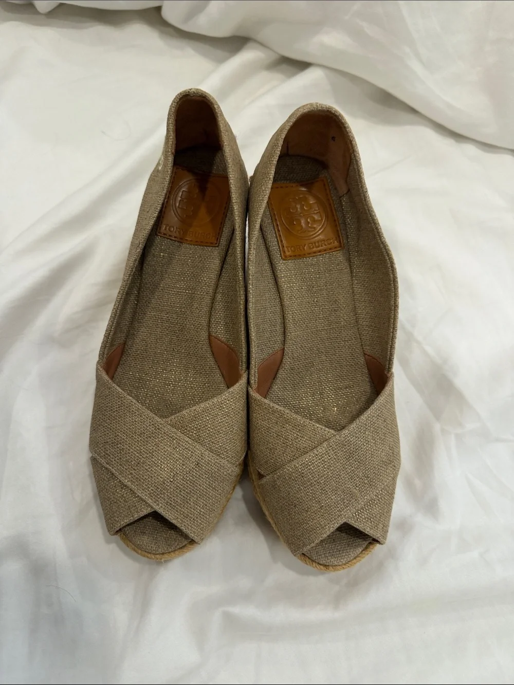 Tory Burch Beige Linen Espadrille Platform Sandals